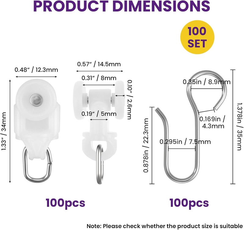 Catuy 200Pcs Curtain Glider Track Hooks, 100 Pieces Hooks and 100 Pieces Roller Gliders, Heavy Duty Mute Wheel Curtain Glider Hooks for Universal Ceiling Drapes Shower Curtains Window Treatments - Image 2